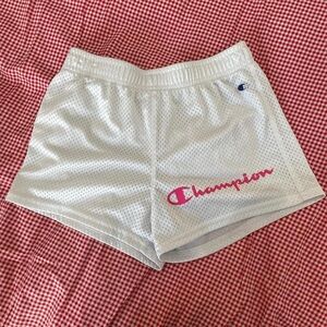 Y2K White Champion Mesh Shorts w/ Pink Logo